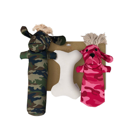 Durable Squeaky Dog Toy Set – Canvas Chew Toys Sarg, T-Bone & Pinky