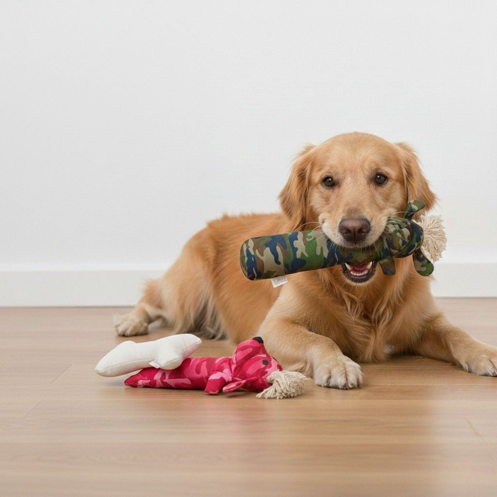 Durable Squeaky Dog Toy Set – Canvas Chew Toys Sarg, T-Bone & Pinky