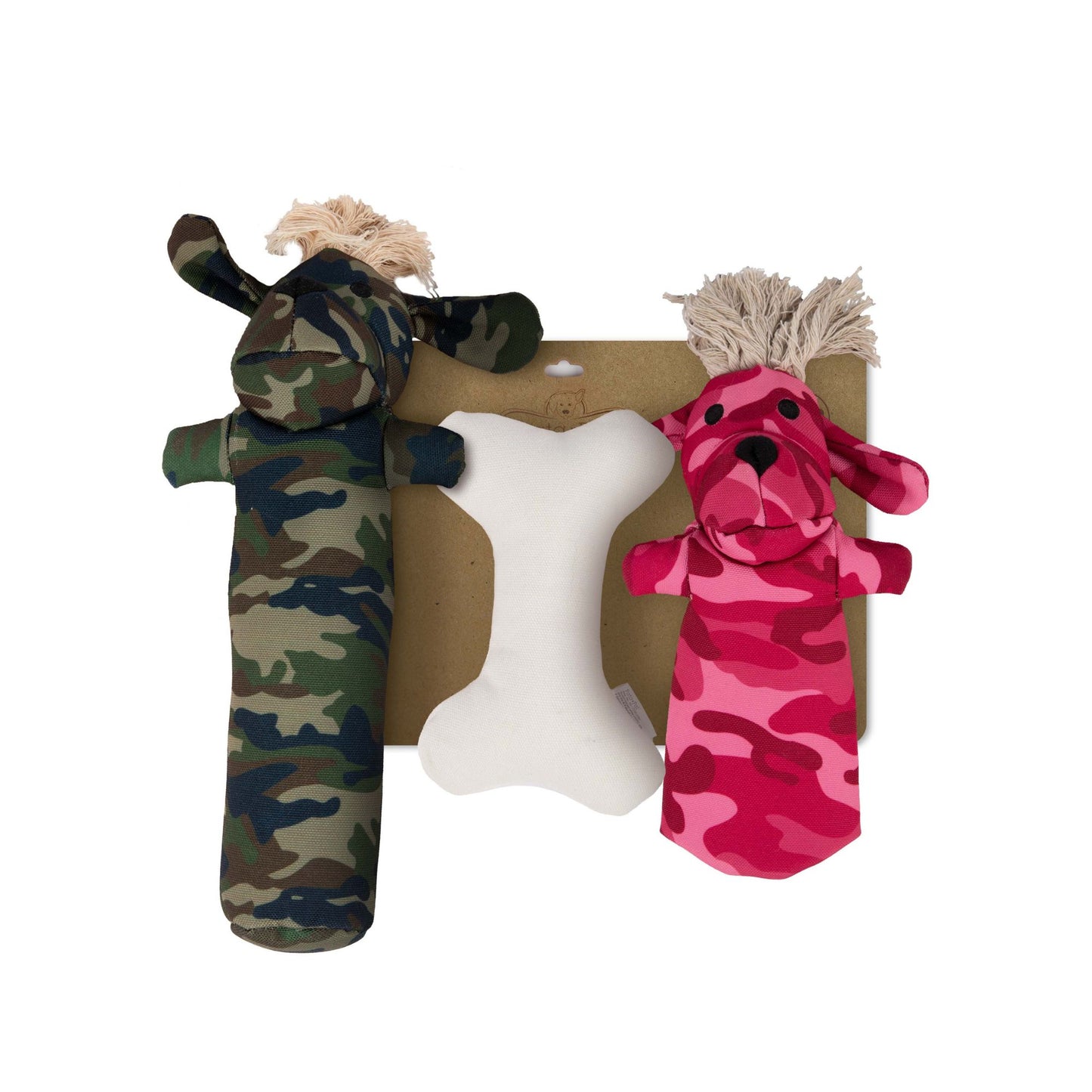 Durable Squeaky Dog Toy Set – Canvas Chew Toys Sarg, T-Bone & Pinky