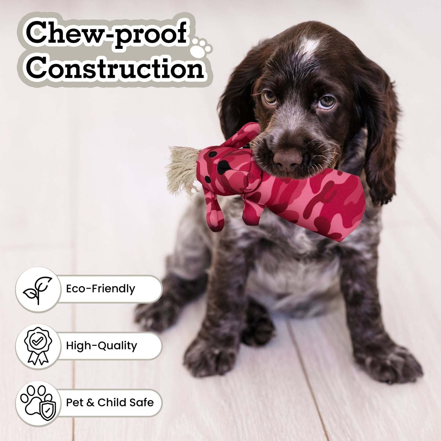 Durable Squeaky Dog Toy Set – Canvas Chew Toys Sarg, T-Bone & Pinky
