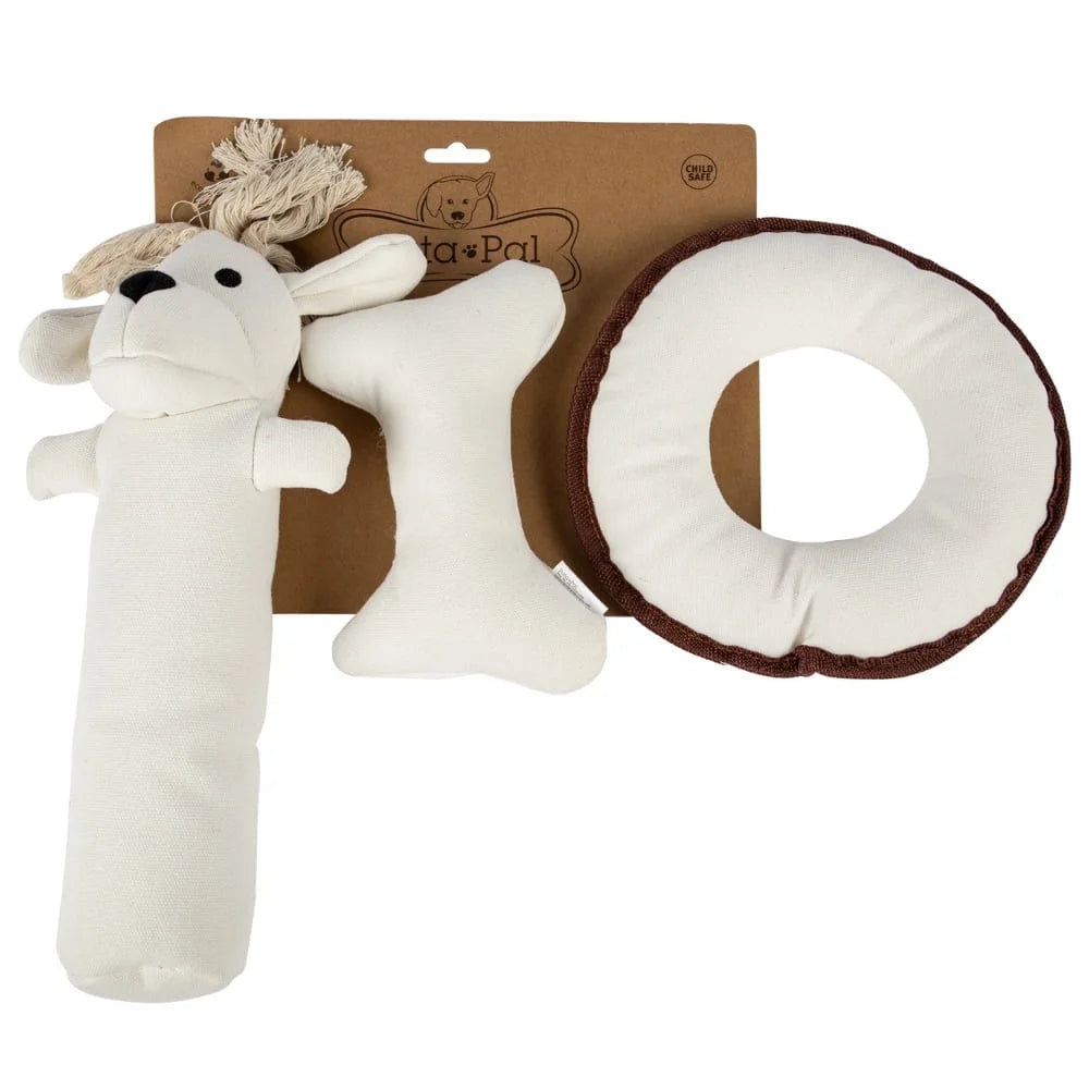3pc Pata Pal Non-Toxic Dog Toys, Harry the Hound, T-Bone & Donut Dog Chew Toy, Sustainable, Eco-Friendly & Tested Child-Safe