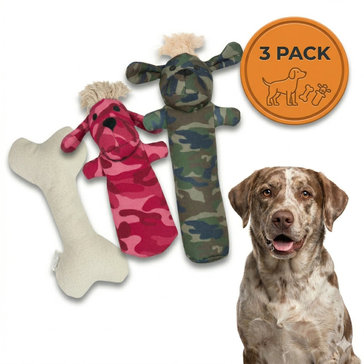 Durable Squeaky Dog Toy Set – Canvas Chew Toys Sarg, T-Bone & Pinky